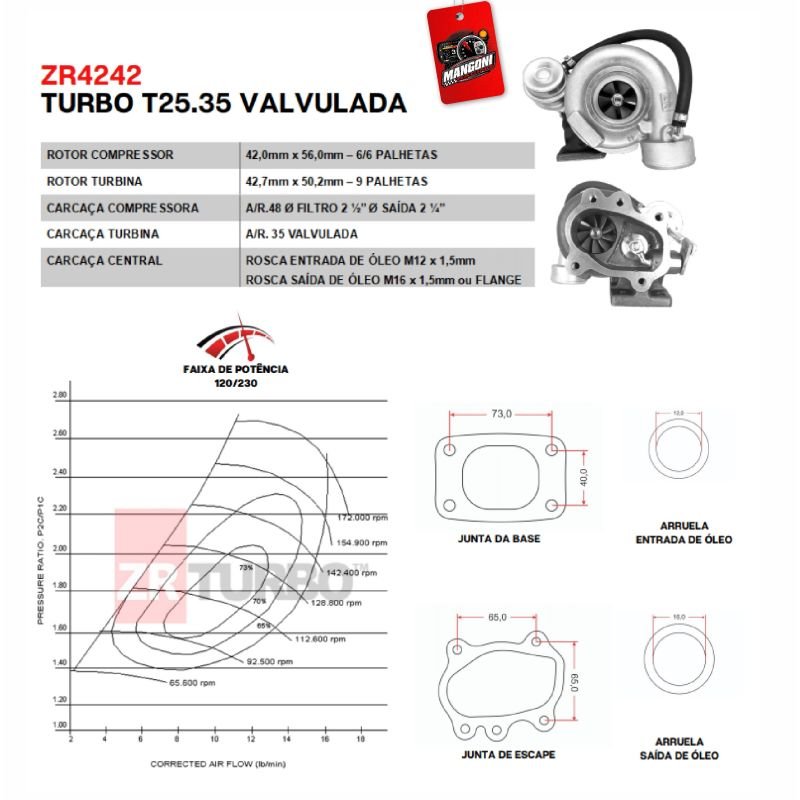 Turbina ZR4242 T25 42/35 Mono APL240 Valvulada - ZR Turbo